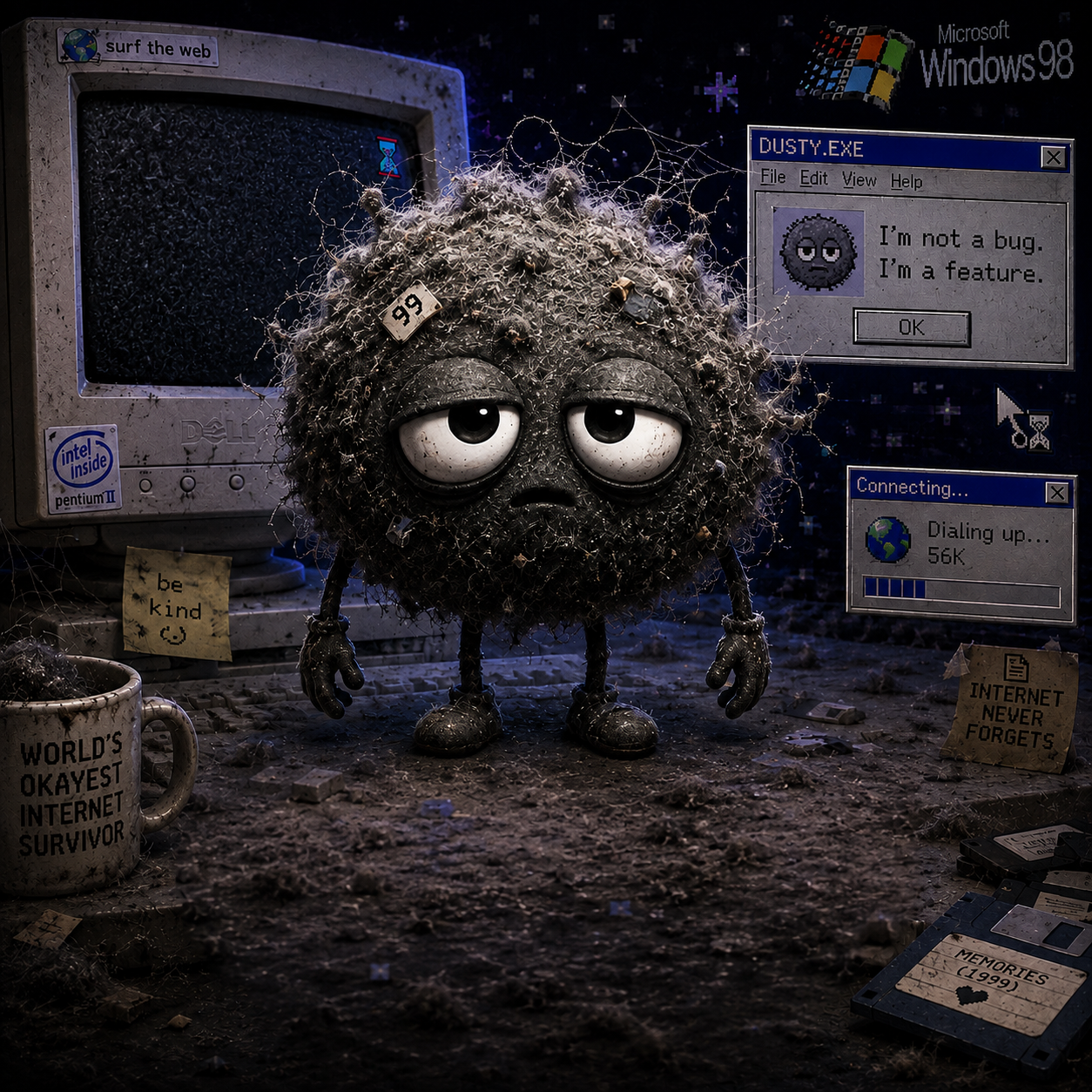 Dusty, an old internet survivor beside a Windows 98 computer